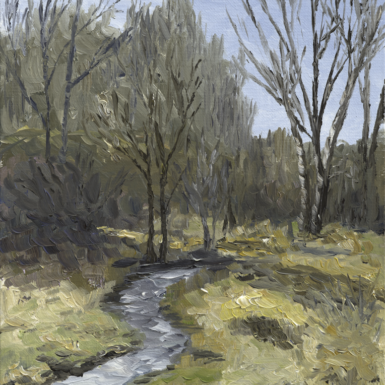 "Rouge River at Stage"<br/>
9x12 Oil<br/>
Dec 9, 2023